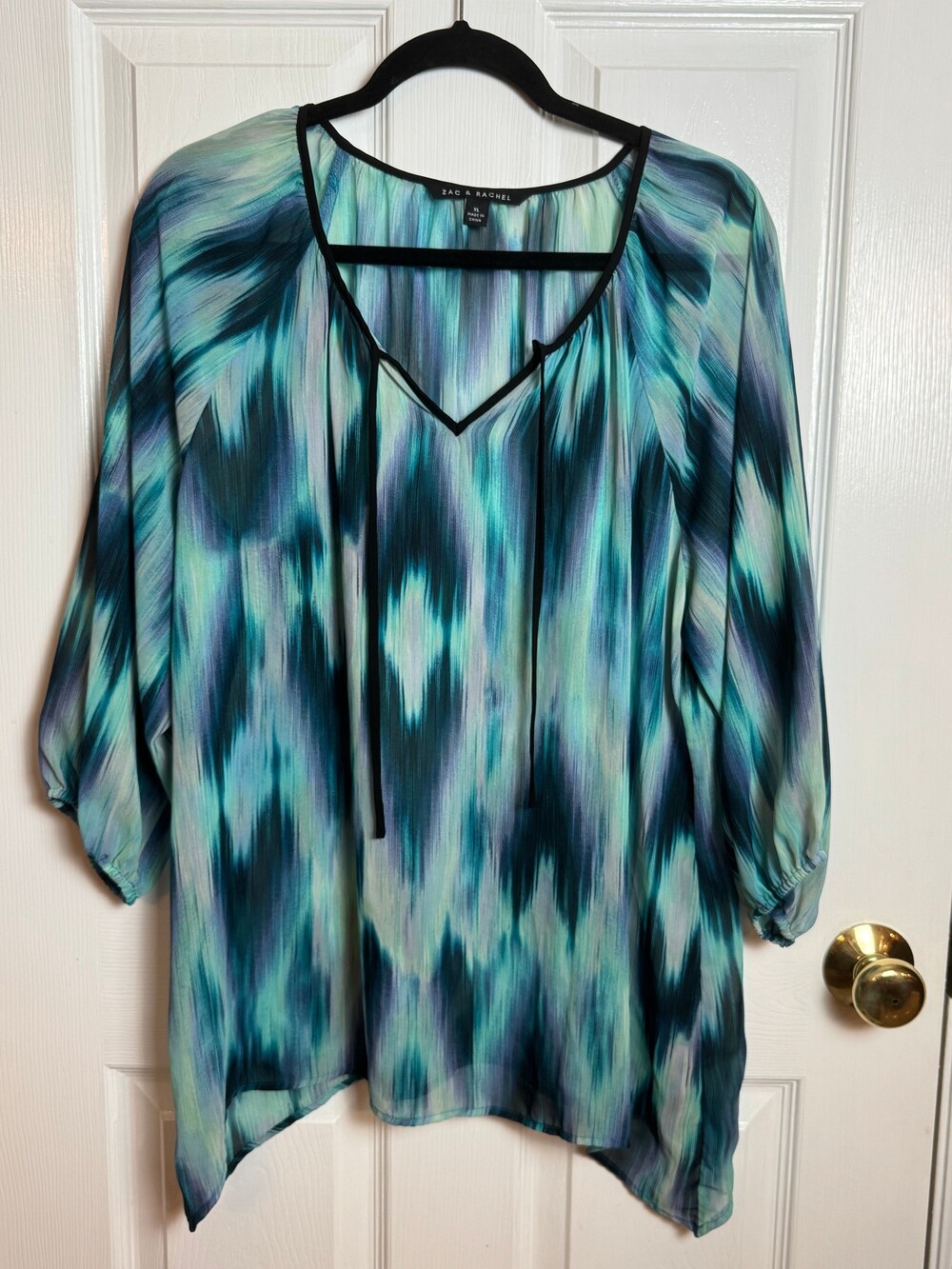 Zac & Rachel Abstract Watercolor Blouse Women’s XL Blue Teal Black 3/4 Sleeve